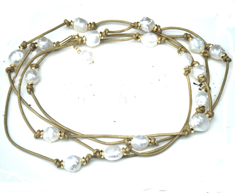 White Granulated Pearls on Gold Leather